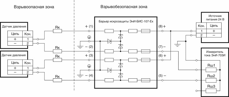 Схема подключения датчиков через барьеры к контроллеру с общим заземленным минусом
