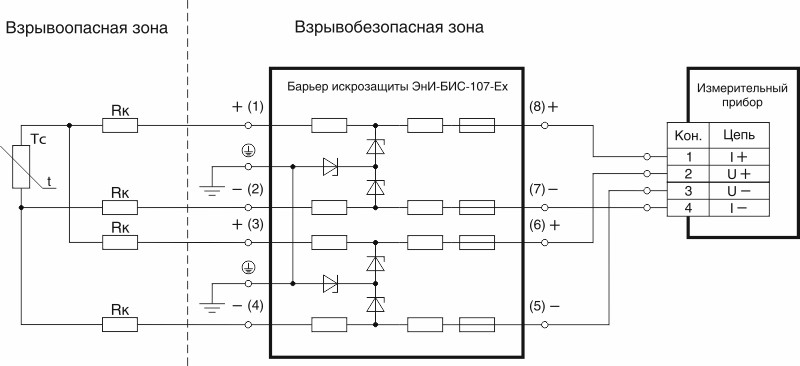 Схема подключения термопреобразователя сопротивления через барьер искрозащиты к измерительному прибору
